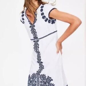 Boden Women’s Linen White Dress with Navy Floral Embroidery Size 4